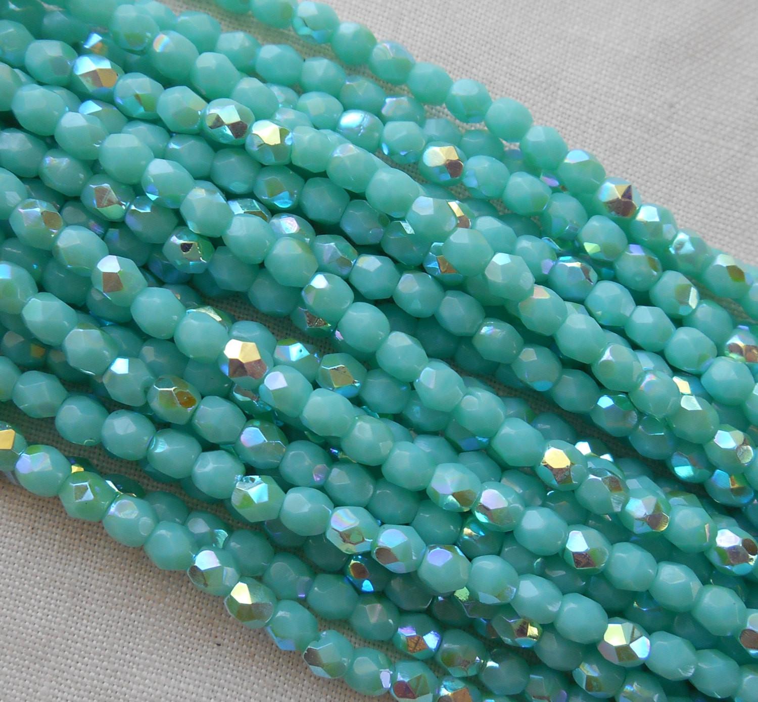 Fifty 3mm Opaque Turquoise AB Czech glass, firepolished, faceted round beads, C4550 - Glorious Glass Beads