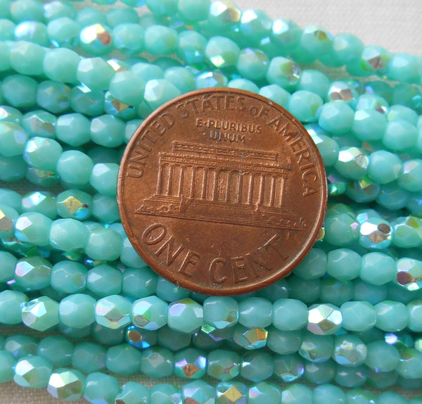 Fifty 3mm Opaque Turquoise AB Czech glass, firepolished, faceted round beads, C4550 - Glorious Glass Beads