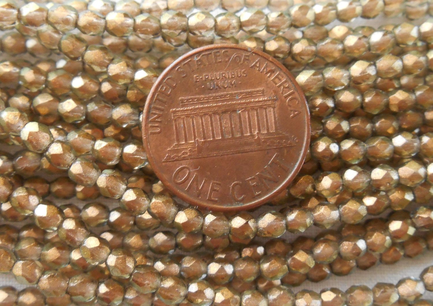 Fifty 3mm Halo Linen Czech Green glass over gold firepolished, faceted round beads, C8625 - Glorious Glass Beads