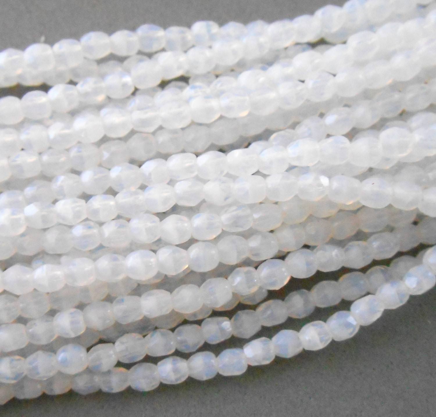 Fifty 3mm Opaque Milky White Czech glass firepolished, faceted round beads, C1550 - Glorious Glass Beads
