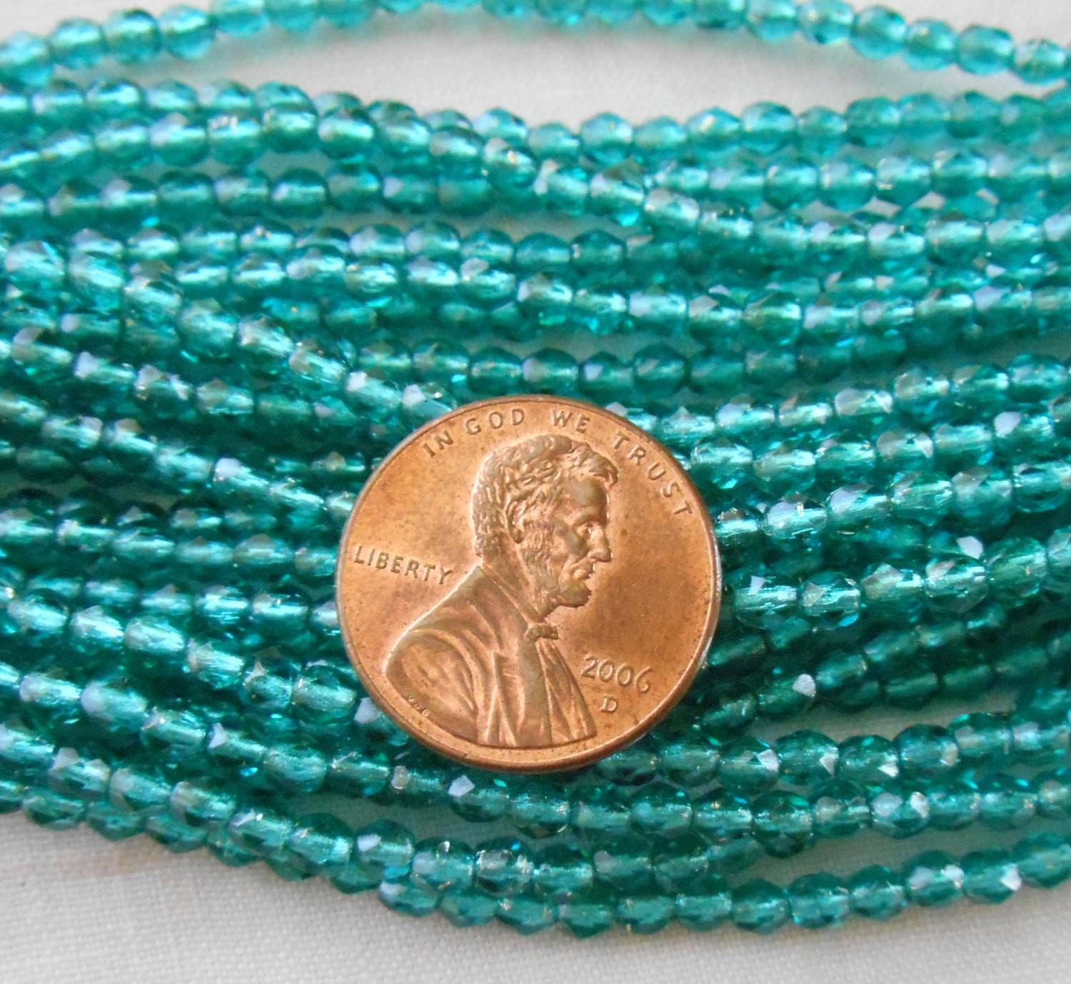 Fifty 3mm Czech Teal, Viridian silver lined glass round faceted firepolished beads, C8450 - Glorious Glass Beads