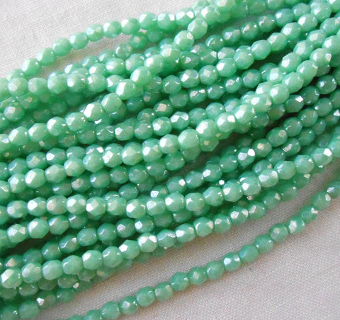 Fifty 3mm Turquoise Luster Czech glass firepolished, faceted round beads, C1550 - Glorious Glass Beads