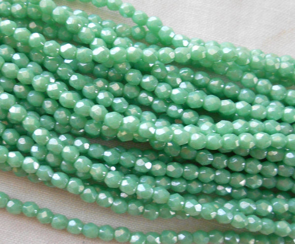 Fifty 3mm Turquoise Luster Czech glass firepolished, faceted round beads, C1550 - Glorious Glass Beads