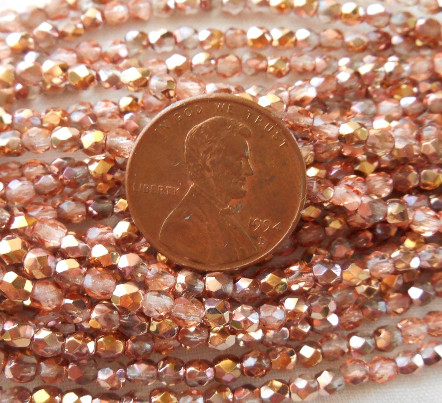 Fifty 3mm Apollo Gold Czech glass crystal and gold firepolished, faceted round beads, C8450 - Glorious Glass Beads