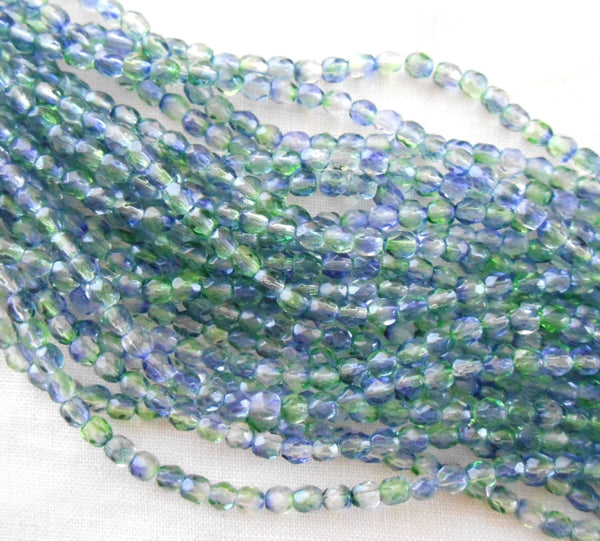 Fifty 3mm Czech Blueberry Green Tea, dual coated glass round faceted firepolished beads, C8450 - Glorious Glass Beads