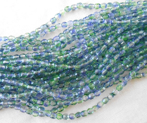Fifty 3mm Czech Blueberry Green Tea, dual coated glass round faceted firepolished beads, C8450 - Glorious Glass Beads