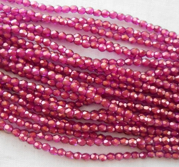 Fifty 3mm Halo Madder Rose Czech glass with gold firepolished, faceted round beads, C8750 - Glorious Glass Beads