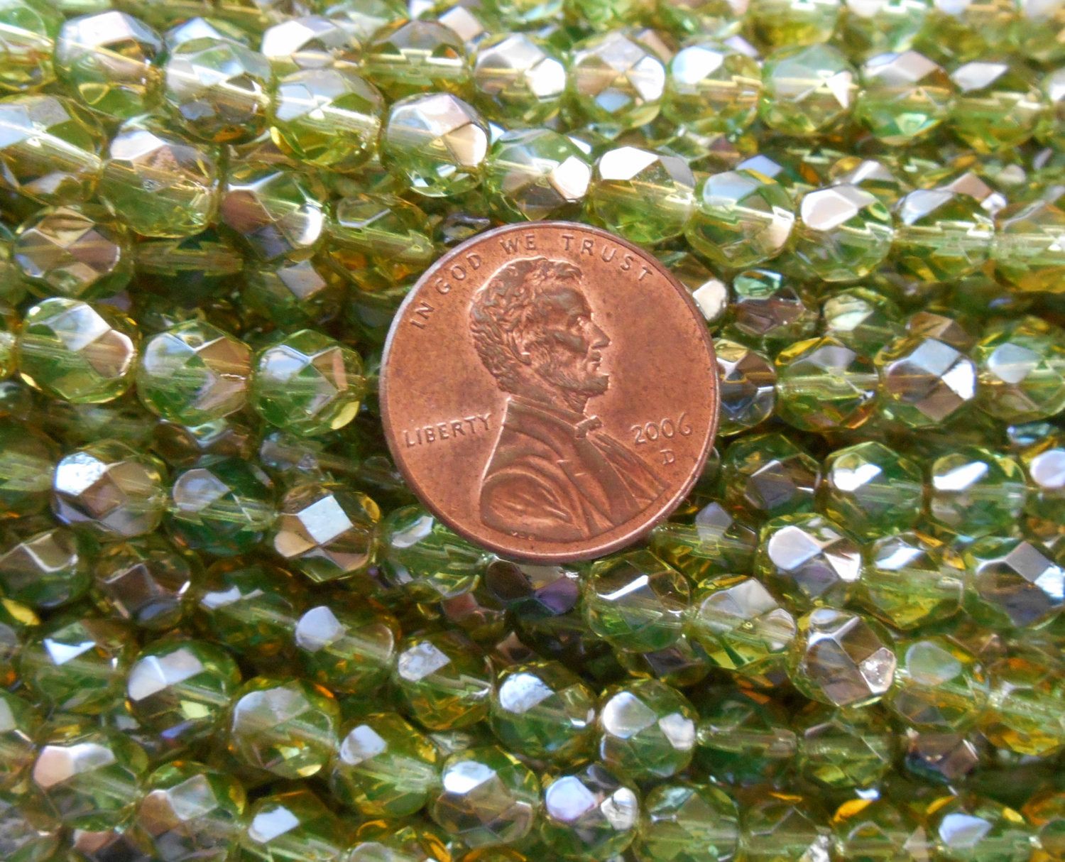 Lot of 25 6mm Czech Chrysolite Celsian Green glass, round faceted firepolished beads, C7425 - Glorious Glass Beads