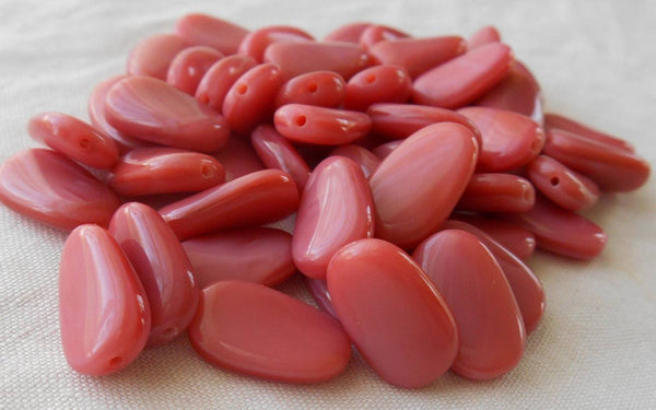 Lot of 25 Opaque Pink Satin slightly twisted oval Czech pressed Glass beads, 14mm x 8mm, C67125 - Glorious Glass Beads