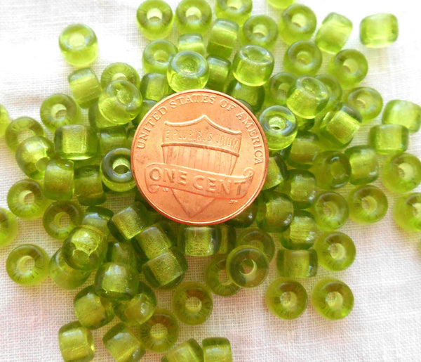 Fifty 6mm Green Olivine Czech glass pony roller beads, large hole crow beads, C7350 - Glorious Glass Beads
