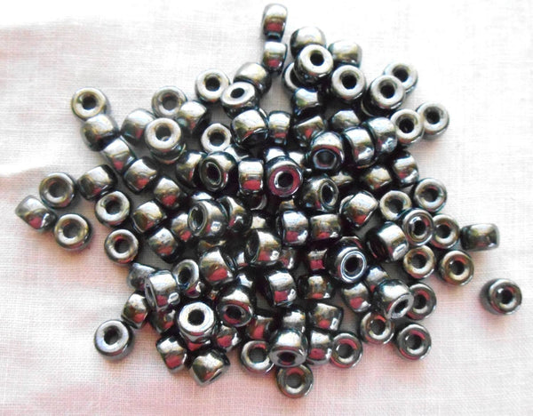 Fifty 6mm Czech Hematite Metallic Gray glass pony roller beads, large hole crow beads, C1450 - Glorious Glass Beads