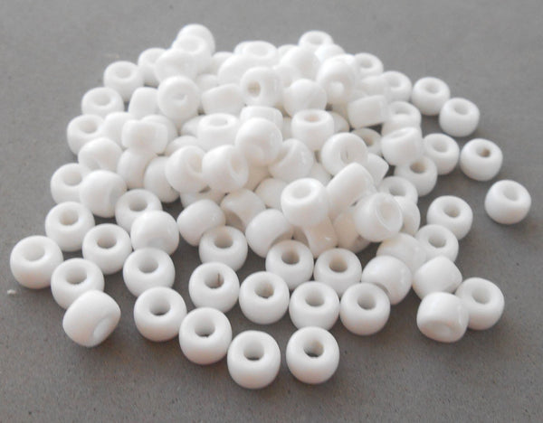 Fifty 6mm Czech Opaque White glass pony roller beads, large hole crow beads, C8750 - Glorious Glass Beads