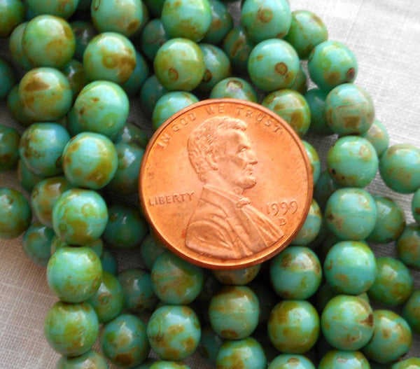 Fifty 6mm Czech glass Opaque Turquoise Picasso druk beads, 33150 - Glorious Glass Beads