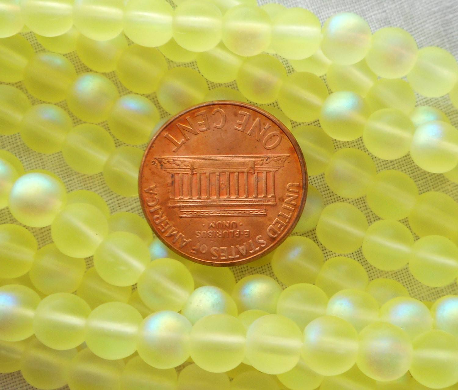 Fifty 6mm Matte Jonquile Yellow AB Czech glass druk beads, C9750 - Glorious Glass Beads