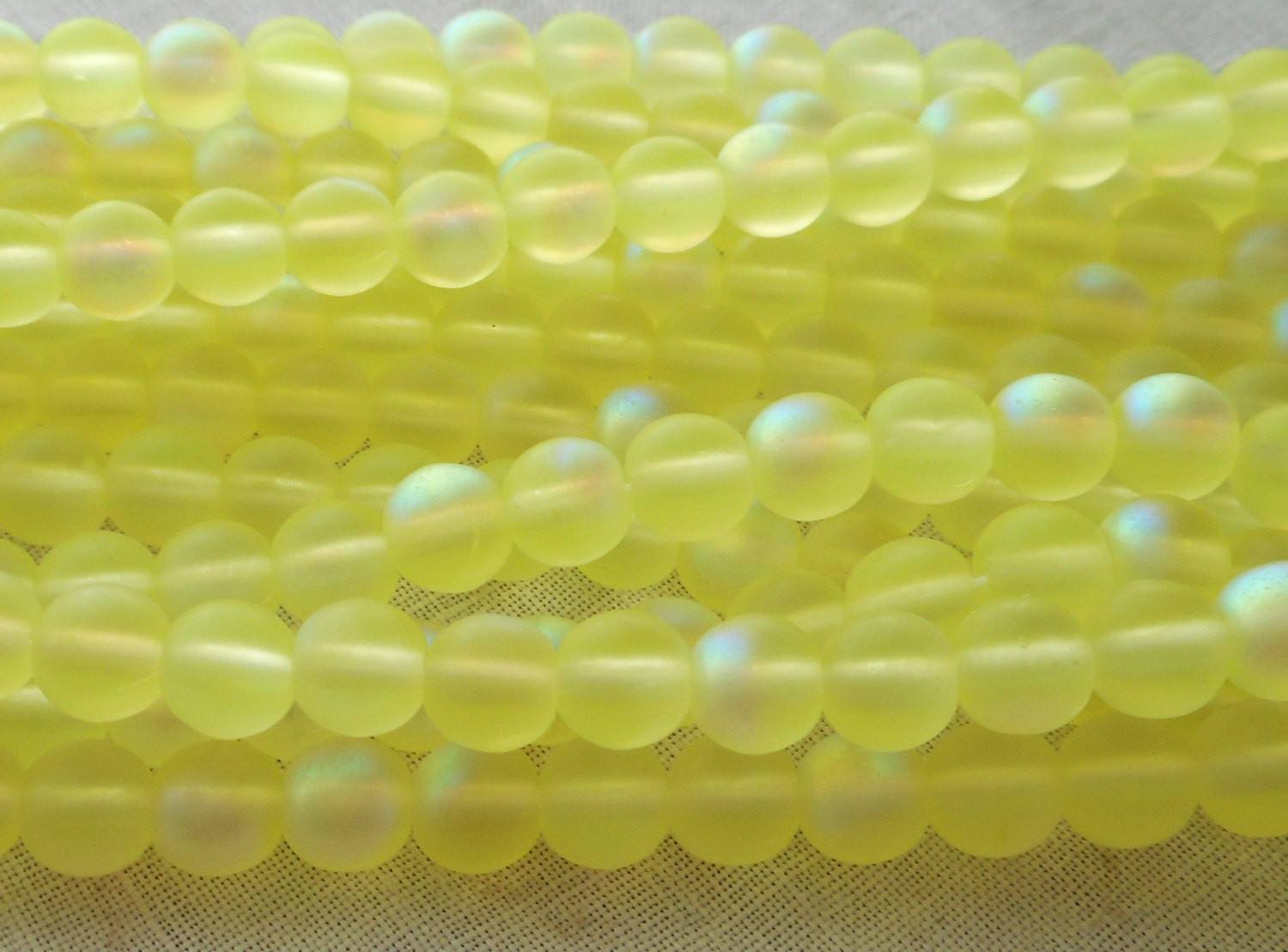 Fifty 6mm Matte Jonquile Yellow AB Czech glass druk beads, C9750 - Glorious Glass Beads