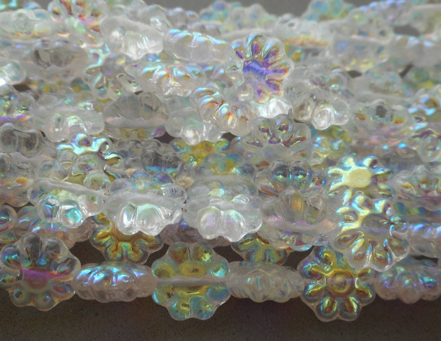 Lot of 25 9mm Crystal AB Daisy Discs Czech pressed glass White AB beads, C2525 - Glorious Glass Beads