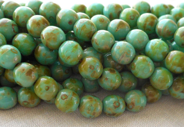 Fifty 6mm Czech glass Opaque Turquoise Picasso druk beads, 33150 - Glorious Glass Beads