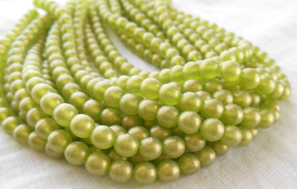 Fifty 6mm Czech glass sueded Gold Olivine Green, druk beads, C2950 - Glorious Glass Beads