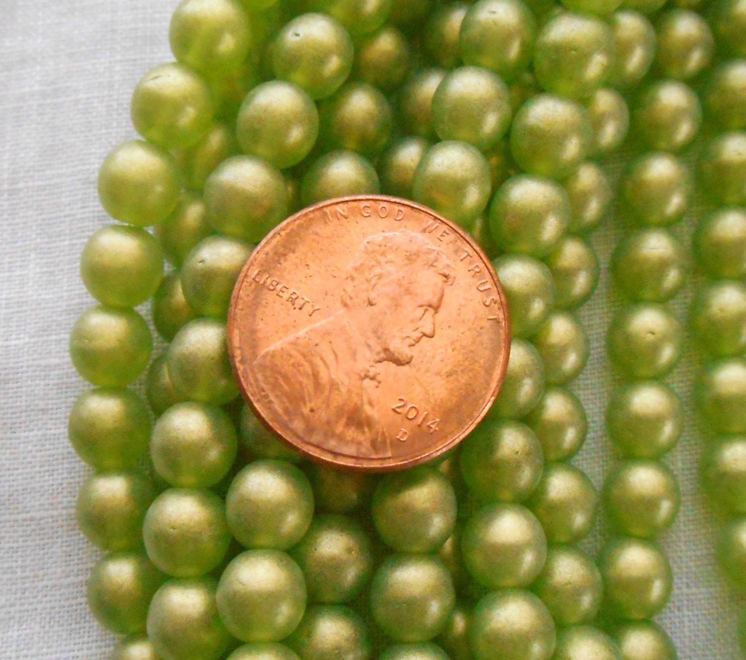 Fifty 6mm Czech glass sueded Gold Olivine Green, druk beads, C2950 - Glorious Glass Beads