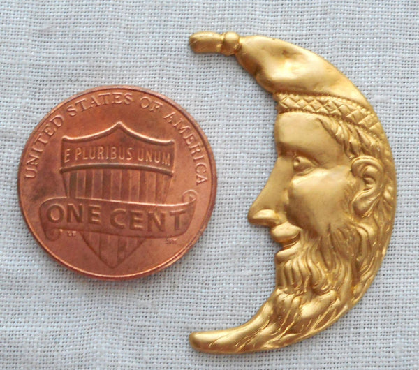 One large raw brass Man in the Crescent Moon Face Victorian pendant, charm, brass stamping, 1.25" in by .75" in. made in the USA, 1201 - Glorious Glass Beads