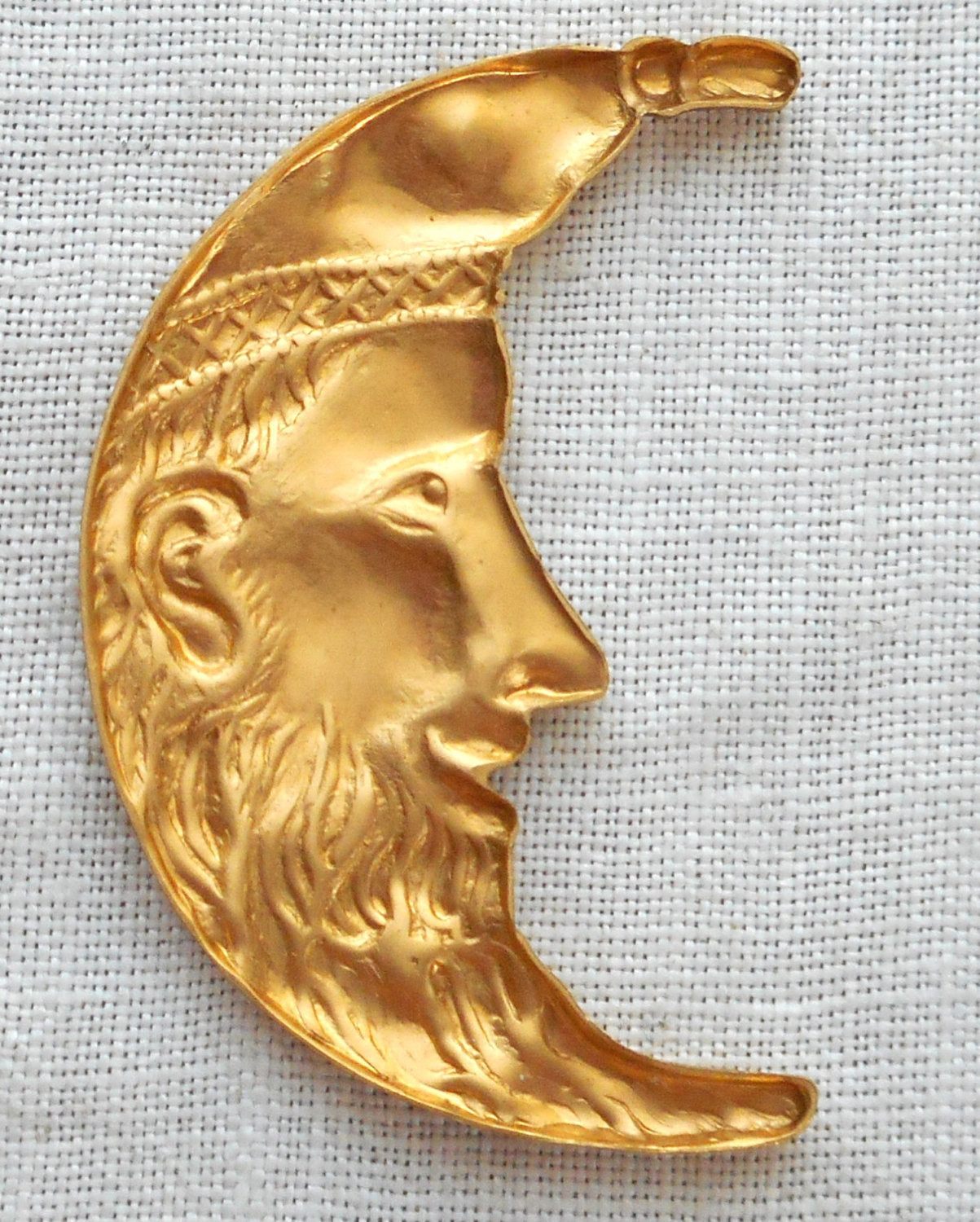One large raw brass Man in the Crescent Moon Face Victorian pendant, charm, brass stamping, 1.25" in by .75" in. made in the USA, 1201 - Glorious Glass Beads