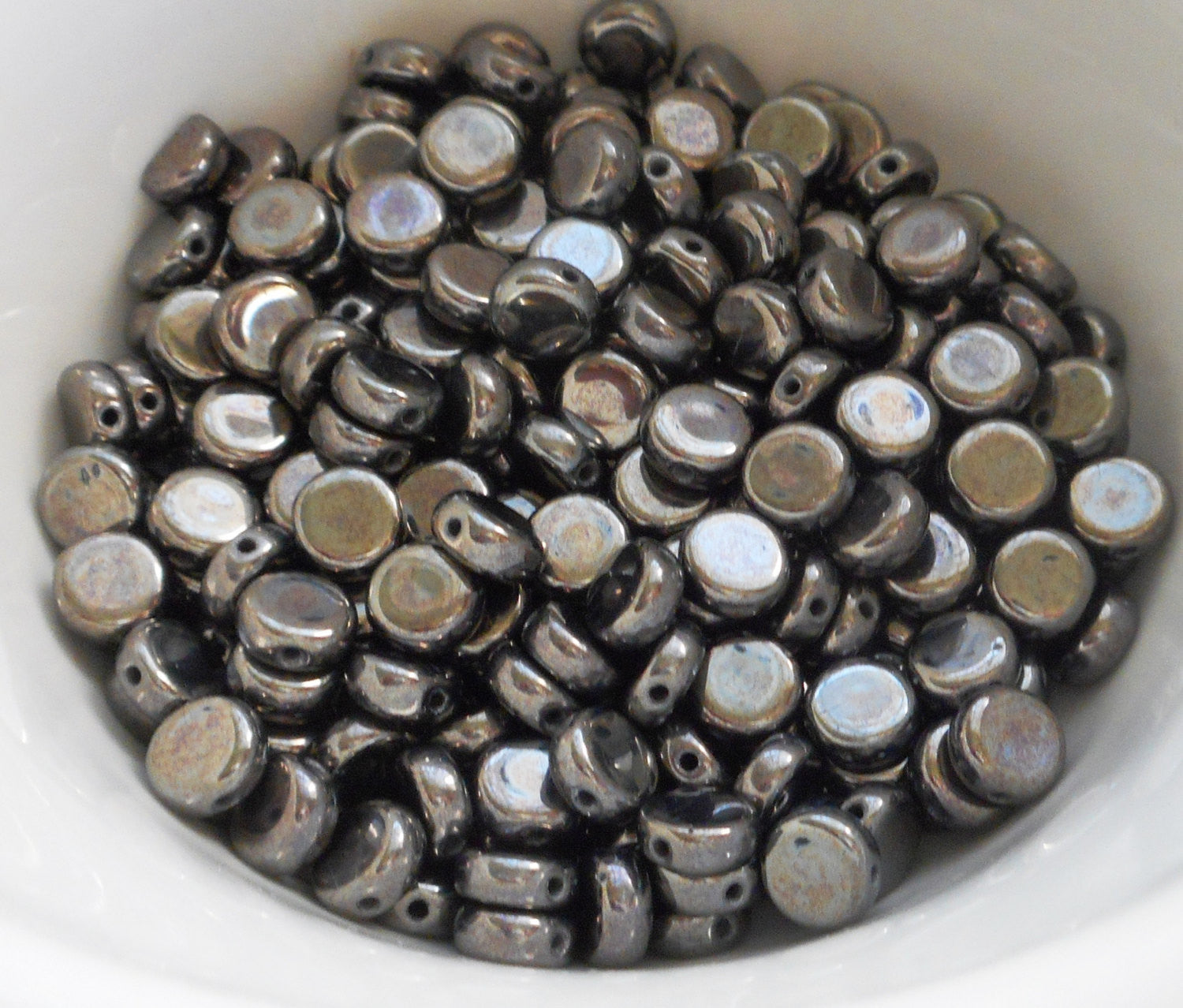 50 6mm Czech glass flat round gray metallic hematite beads, little coi –  Glorious Glass Beads