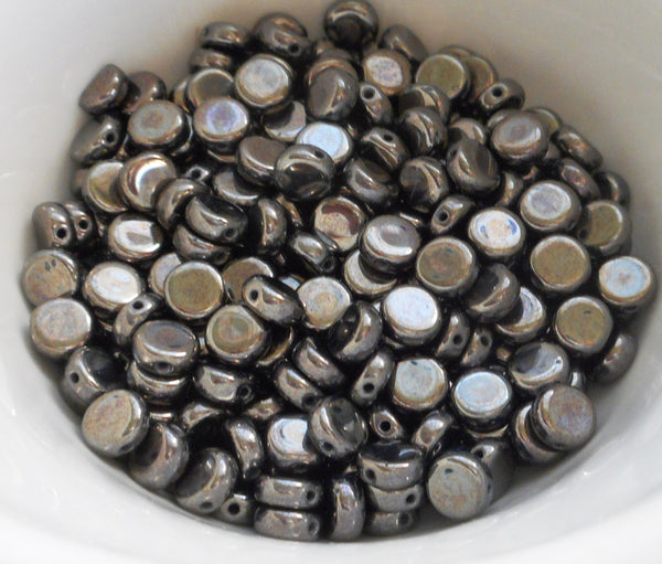 50 6mm Czech glass flat round gray metallic hematite beads, little coin or disc beads C0094