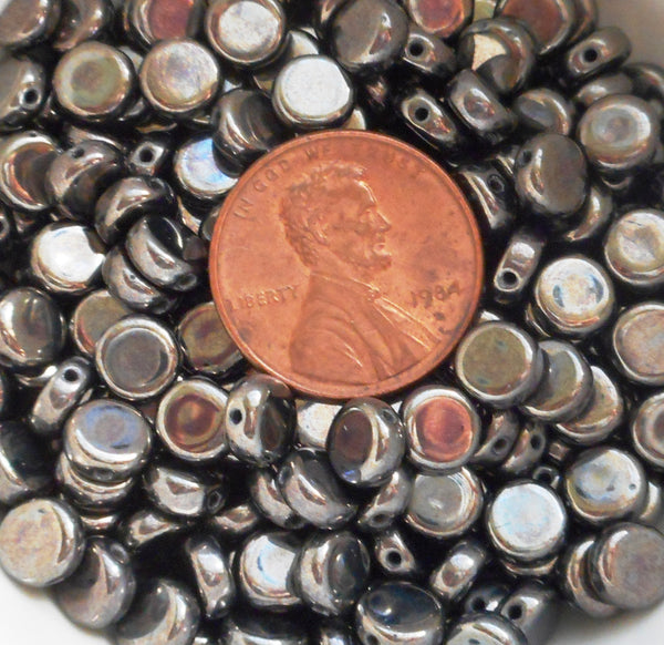 50 6mm Czech glass flat round gray metallic hematite beads, little coin or disc beads C0450 - Glorious Glass Beads