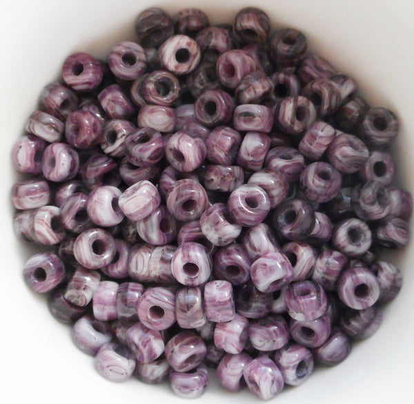 50 6mm Czech Opaque Amethyst Purple & White Marbled glass pony beads, large hole crow beads, C0096
