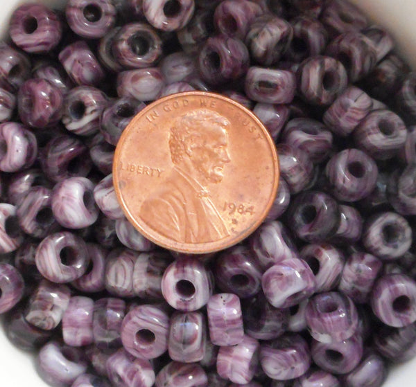 50 6mm Czech Opaque Amethyst Purple & White Marbled glass pony beads, large hole crow beads, C6550 - Glorious Glass Beads