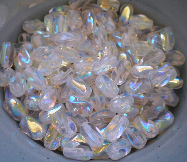 Lot of 25 9mm x 6mm Crystal AB Czech glass twisted oval beads, C3425 - Glorious Glass Beads