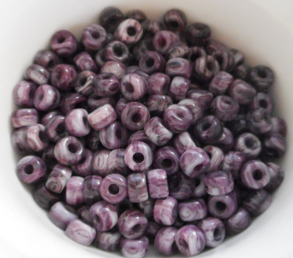50 6mm Czech Opaque Amethyst Purple & White Marbled glass pony beads, large hole crow beads, C6550 - Glorious Glass Beads