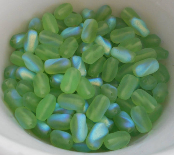 Lot of 25 9mm x 6mm Frosted Peridot Lime Green AB glass twisted oval beads, C2325 - Glorious Glass Beads