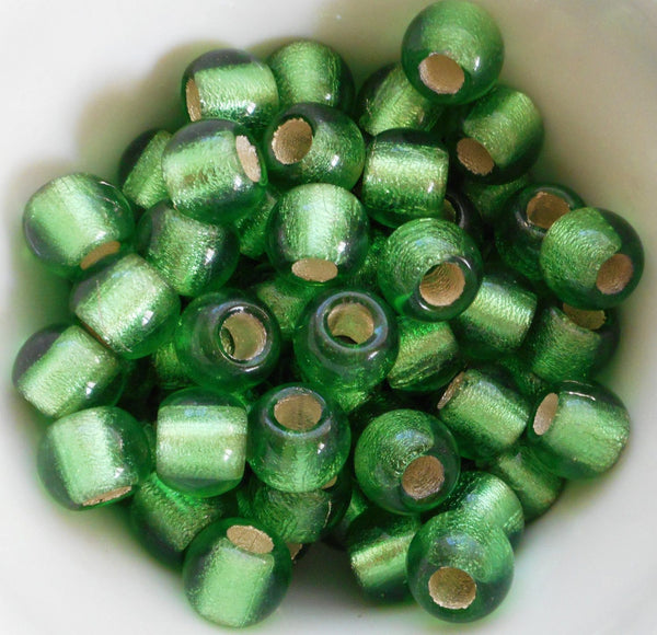 Six mint, Lime Green glass 12mm round beads, big 4.5mm holes, C8701