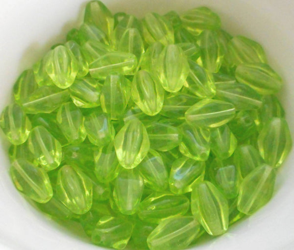 Lot of 25 11mm x 7mm Pierdot, Lime Green Czech glass lantern or tube beads, C7425 - Glorious Glass Beads