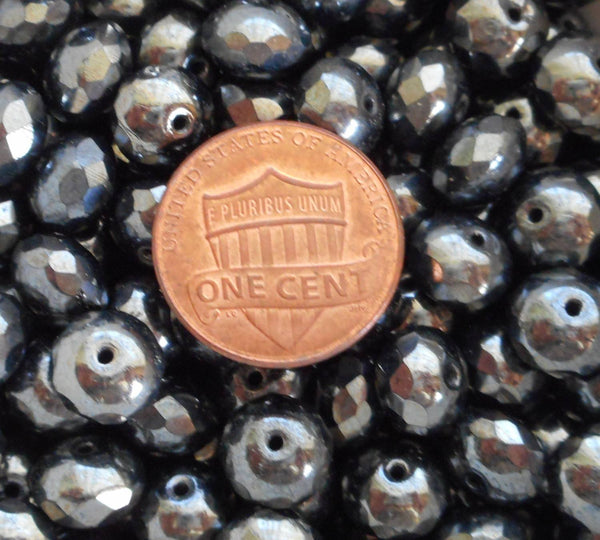 Lot of 25 6 x 9mm Czechglass  Metallic Gray Hematite faceted puffy rondelle beads, C1725 - Glorious Glass Beads