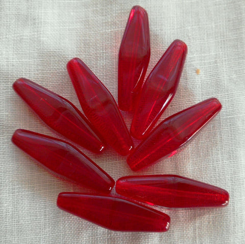 Ten 24 x 9mm Light Garnet, Ruby, glass long lantern or tube beads, C5501 - Glorious Glass Beads