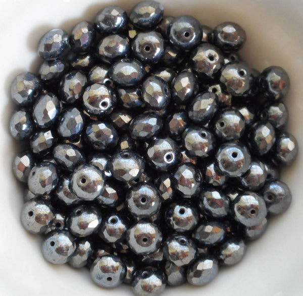 Lot of 25 6 x 9mm Czechglass  Metallic Gray Hematite faceted puffy rondelle beads, C0088