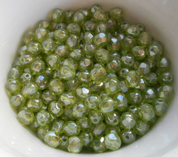 Lot of 25 6mm Olivine Green Iridescent Shimmer Czech glass firepolished, faceted beads, C6425 - Glorious Glass Beads