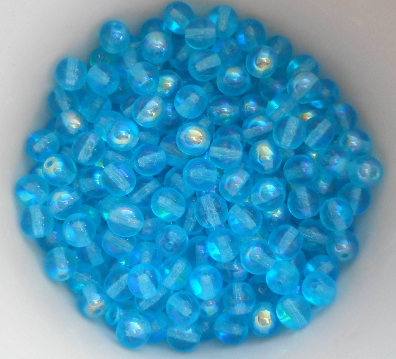 Fifty 6mm Czech glass Aqua AB druk beads, C2250 - Glorious Glass Beads