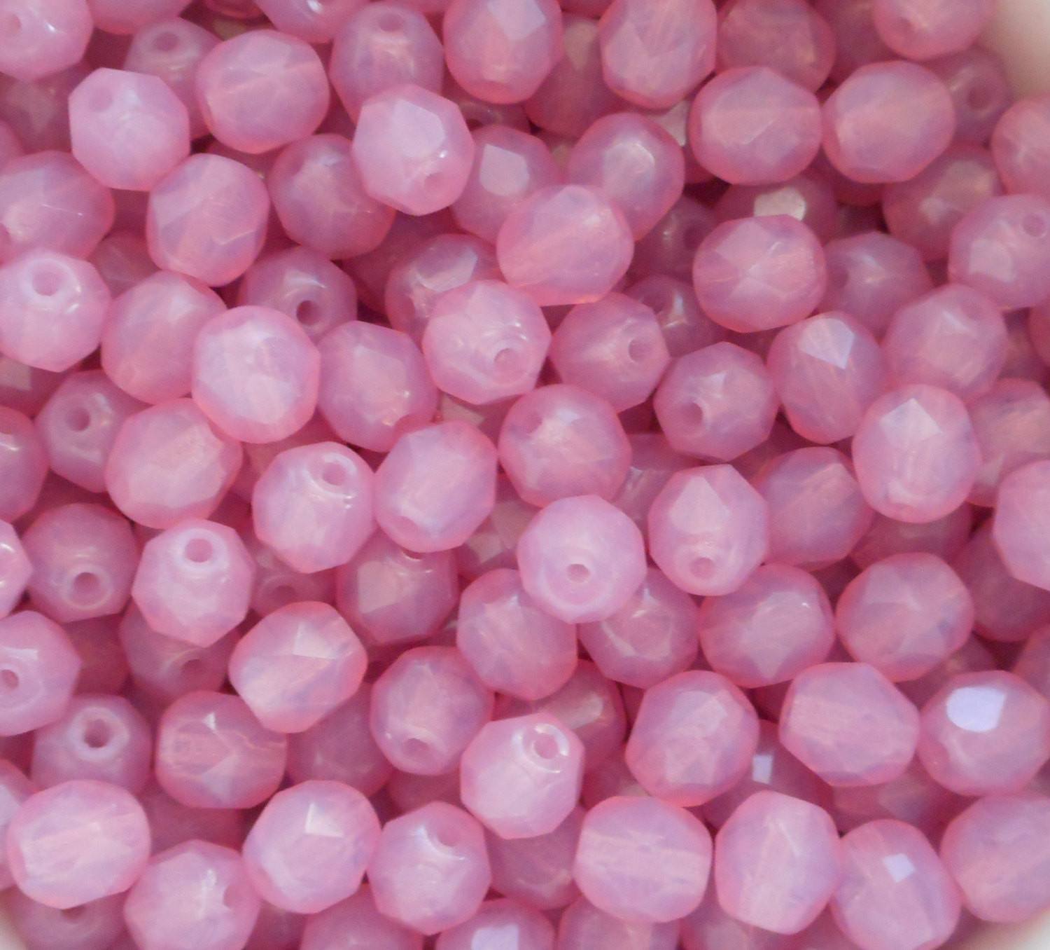 Lot of 25 6mm Czech glass, Milky Pink Rose Opal, opaque firepolished, faceted round beads, C4425 - Glorious Glass Beads