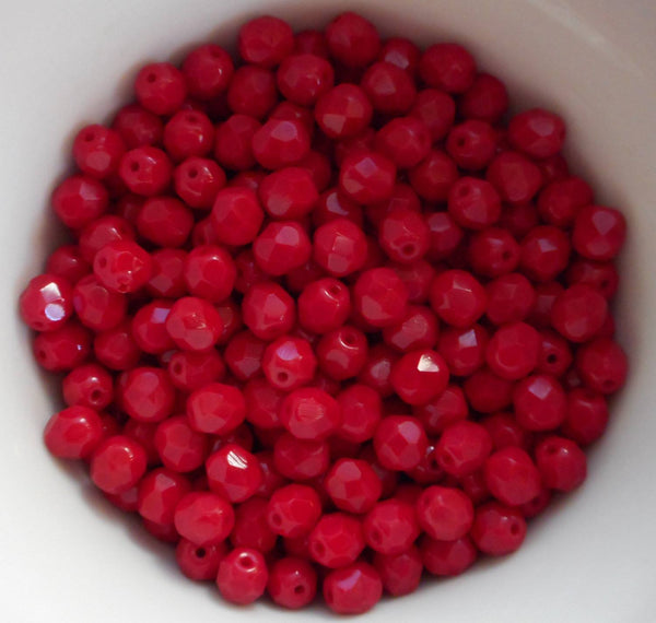 Lot of 25 6mm Czech Opaque Blood Red,  faceted, round, firepolished glass beads, C1525