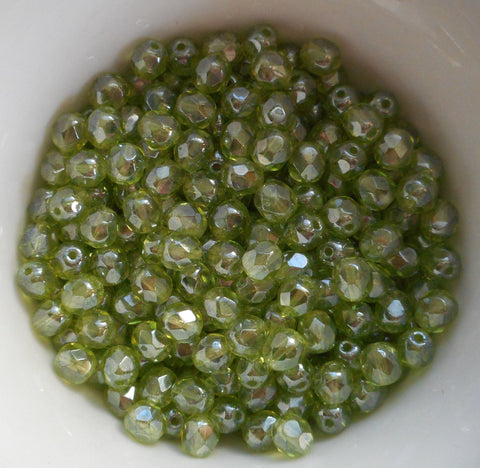 Lot of 25 6mm Olivine Green Iridescent Shimmer Czech glass firepolished, faceted beads, C6425 - Glorious Glass Beads