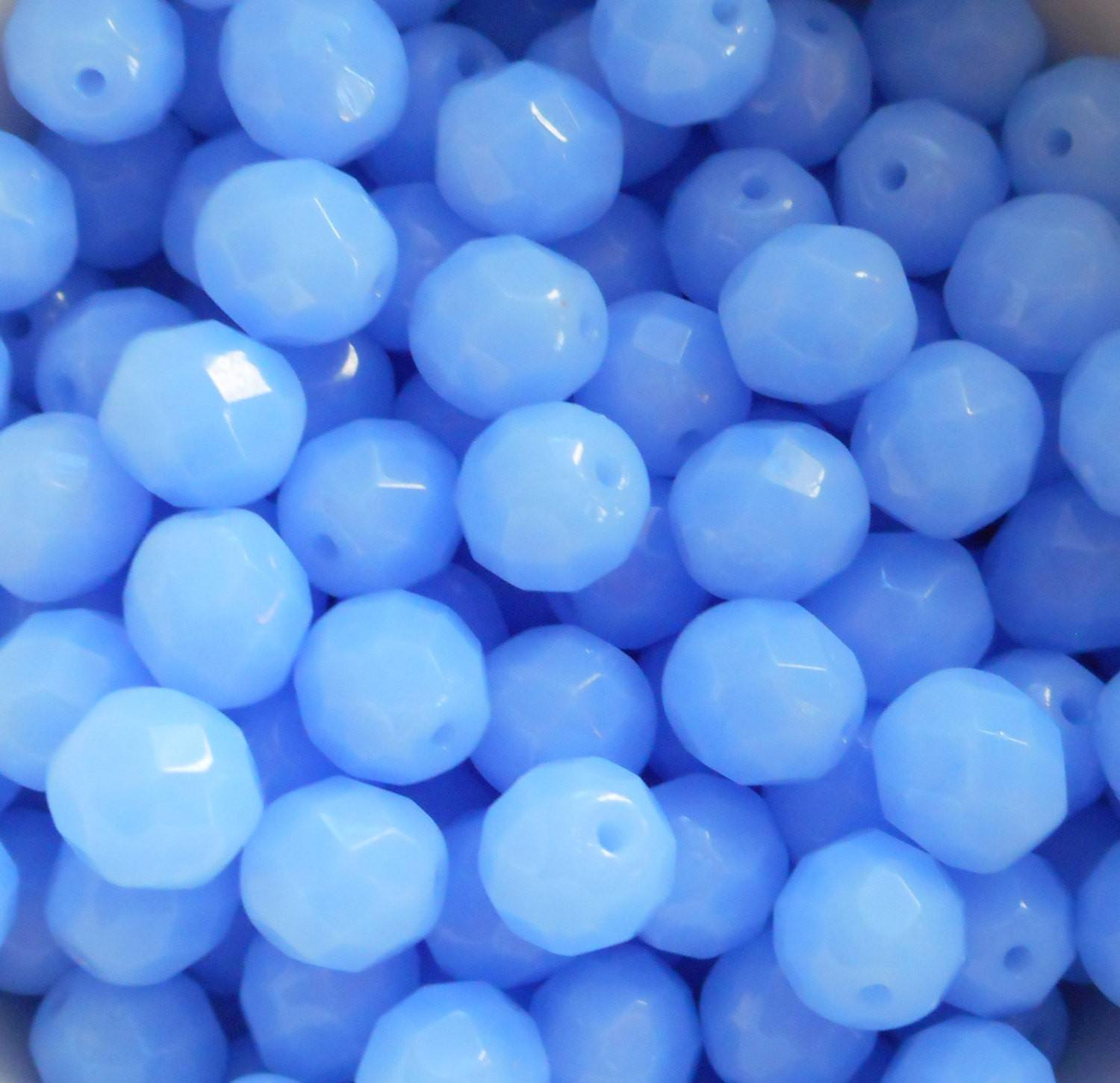 Lot of 25 8mm Sky Blue Opal, opaque faceted round firepolished glass beads, C7825 - Glorious Glass Beads