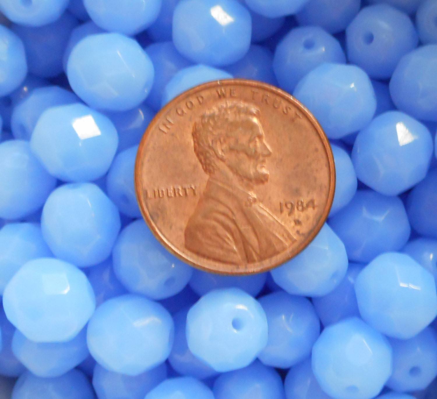 Lot of 25 8mm Sky Blue Opal, opaque faceted round firepolished glass beads, C7825 - Glorious Glass Beads