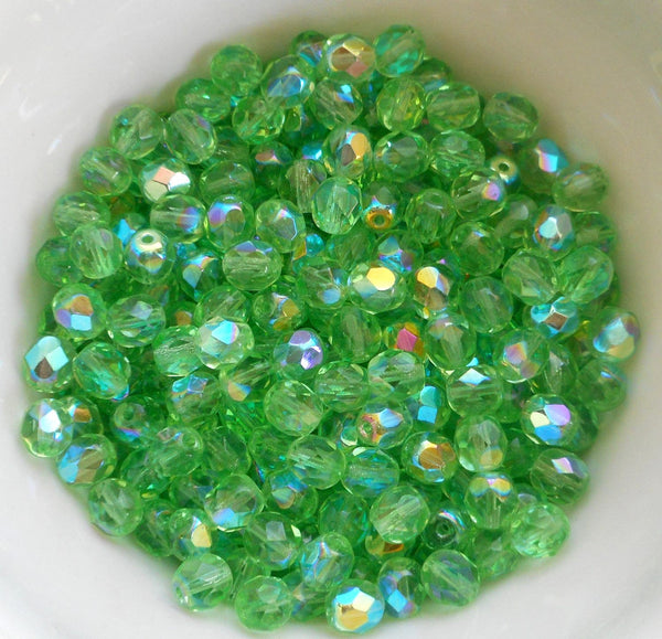Lot of 25 6mm Mint Green AB, faceted round firepolished glass beads, C6425