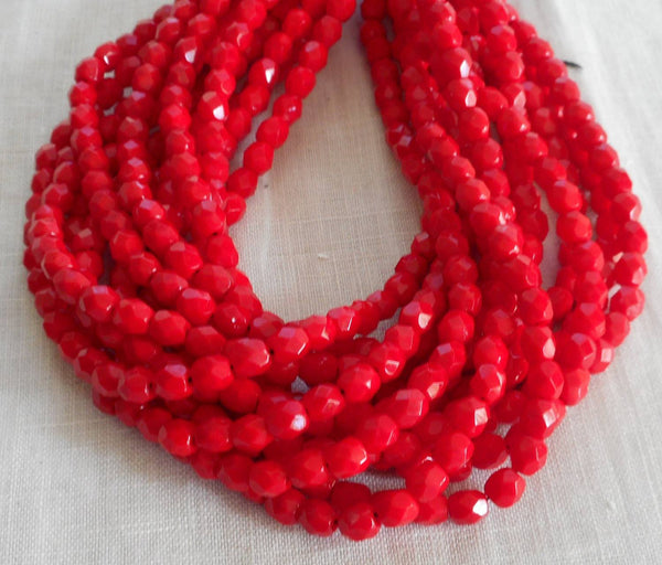 Fifty 4mm Czech Opaque Bright Blood Red  faceted, round, firepolished glass beads C4950 - Glorious Glass Beads