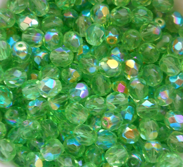 Lot of 25 6mm Mint Green AB, faceted round firepolished glass beads, C6425 - Glorious Glass Beads