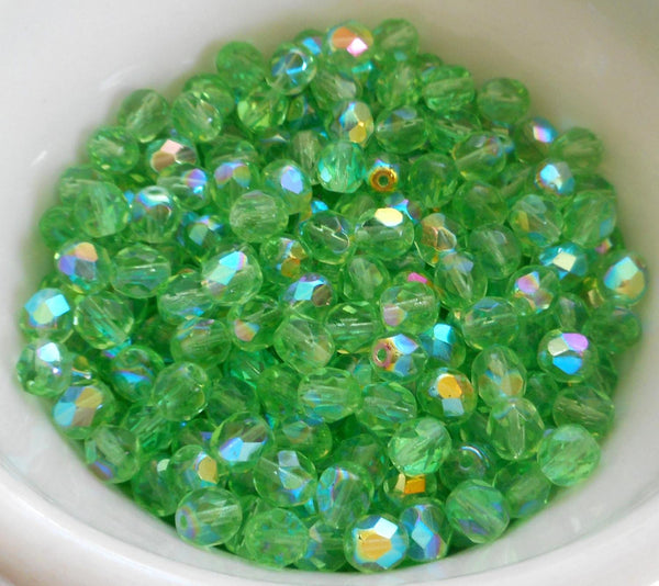 Lot of 25 6mm Mint Green AB, faceted round firepolished glass beads, C6425 - Glorious Glass Beads