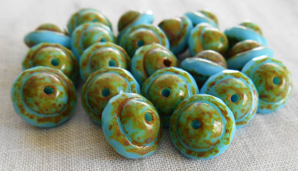 Lot of 21 9x7mm Opaque Robin's Egg, Picasso Saturn faceted Czech glass Beads, C00221 - Glorious Glass Beads